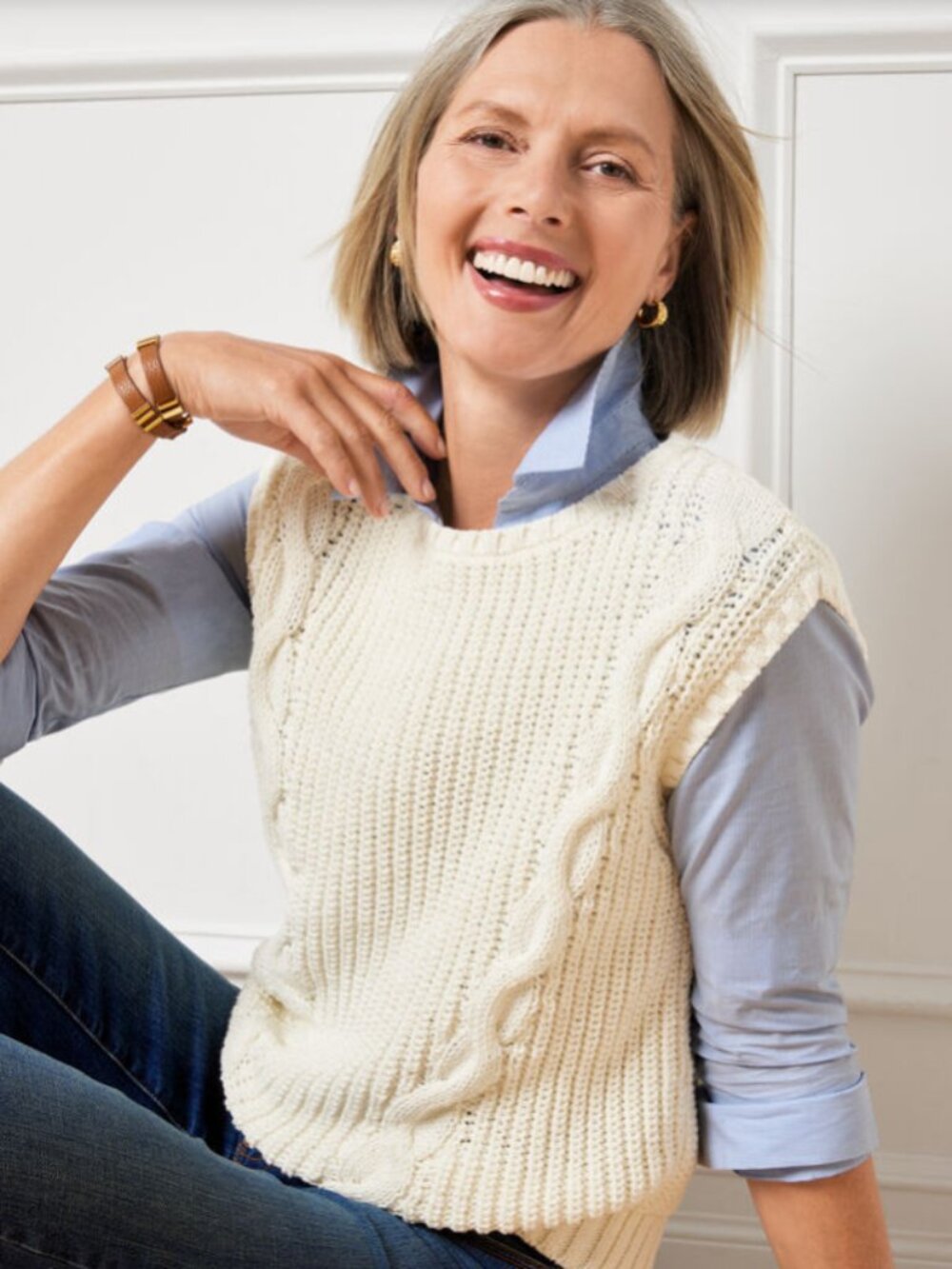 NWT Talbots Ivory Cotton Convertible Cowl Neck Cable Knit Vest Large